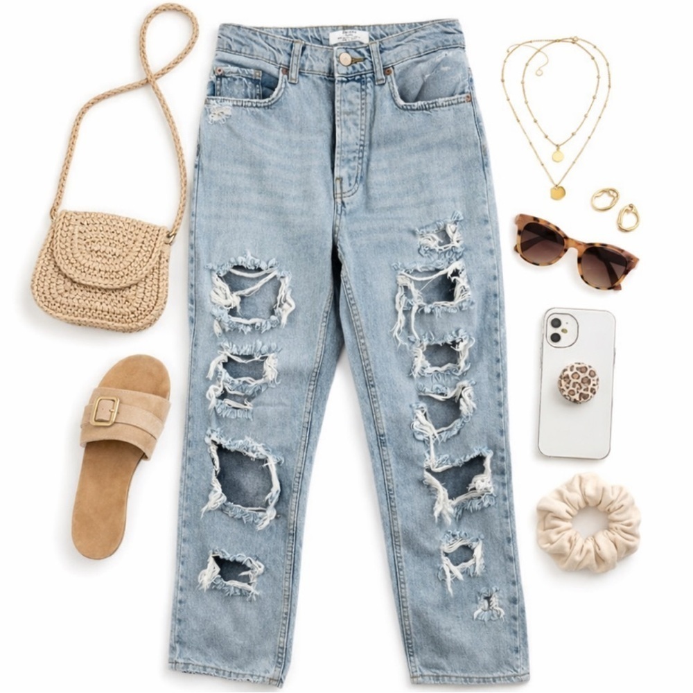 Bershka Size 4 Womens Capri Jeans High Rise Light Wash Distressed Button Fly